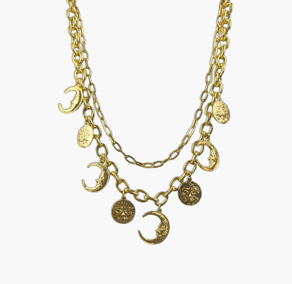 Layered Gold Sun and Moon Charm Necklace