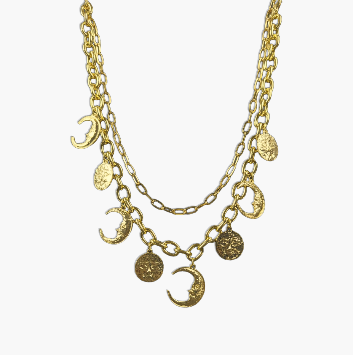 Layered Gold Sun and Moon Charm Necklace