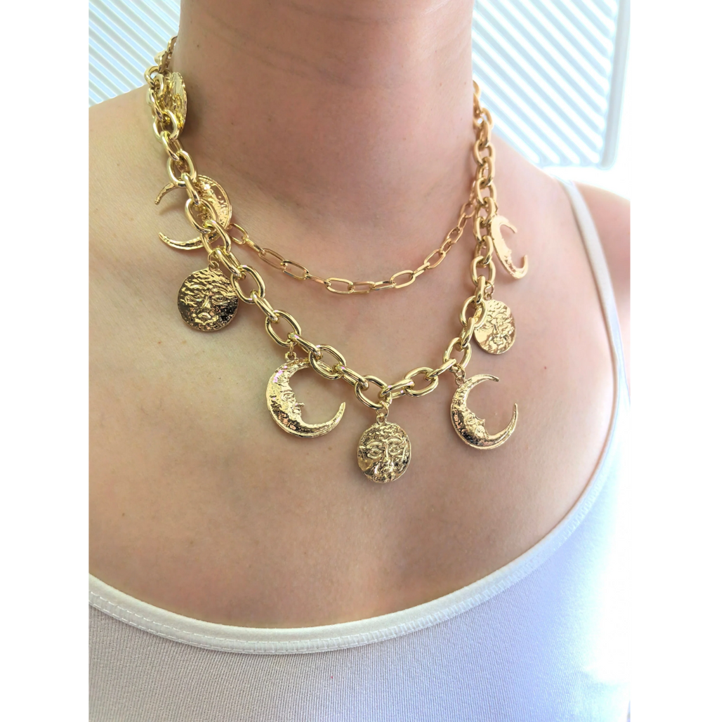 Layered Gold Sun and Moon Charm Necklace