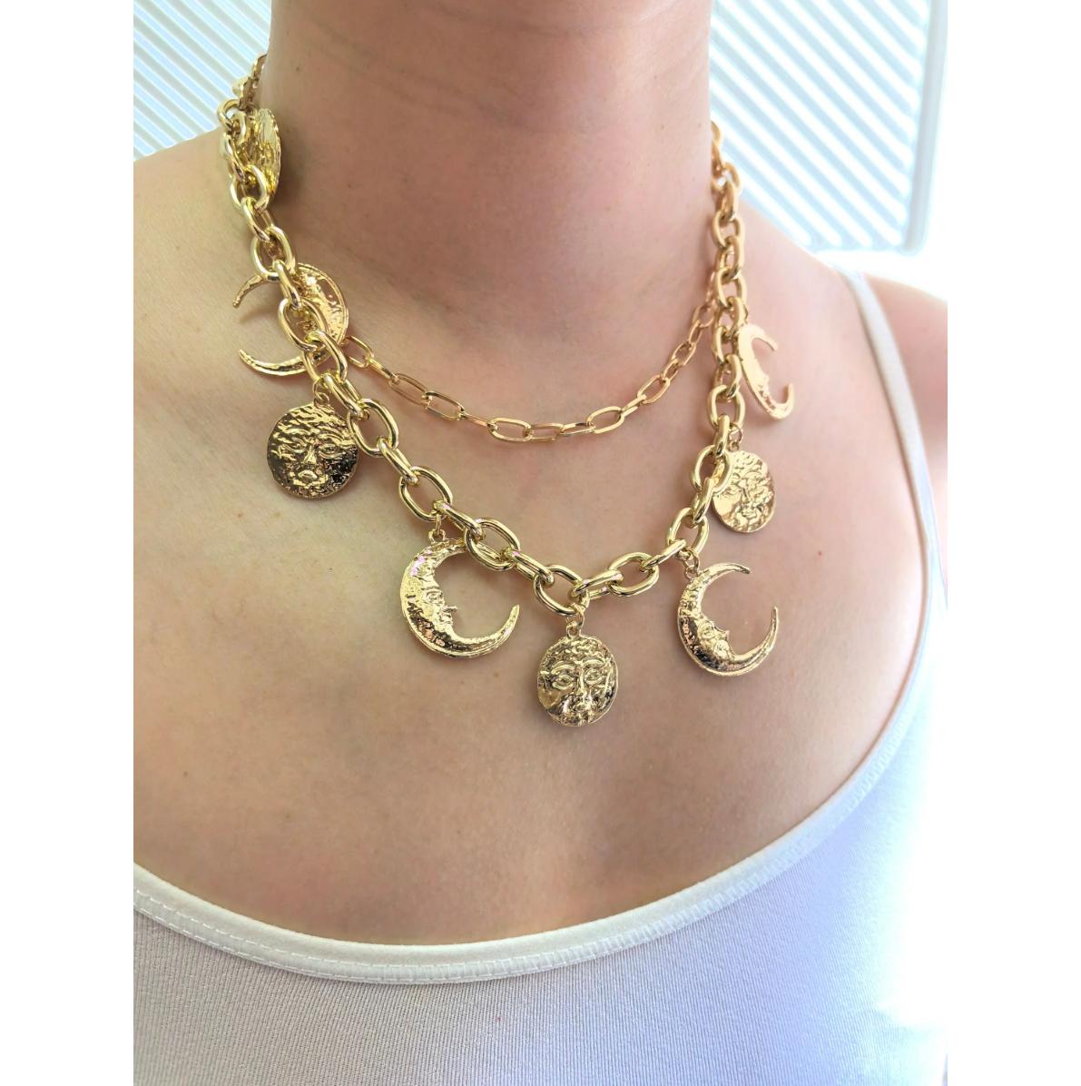 Layered Gold Sun and Moon Charm Necklace